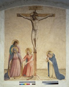 聖母マリア聖ドミニクとのはりつけ。十字架上の碑文「INRI」 作： Fra Angelico
