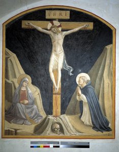 聖母マリアと聖ドミニクとのはりつけ。十字架上の刻印「INRI」1442 作： Fra Angelico