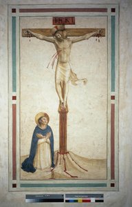 聖ドミニクとのはりつけ。十字架上の碑文「 "INRI"」。フレスコバイグイドディピエトロ 作： Fra Angelico