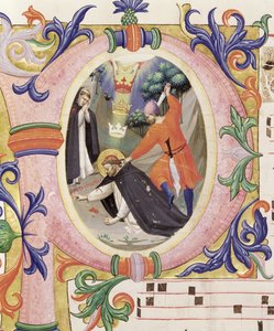 ミサ558 f.68v聖ペテロの殉教者の暗殺を描いた歴史的な初期の「P」 作： Fra Angelico