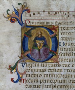 Ms 531 f.169v San Marco e Cenacoliの詩篇から、ダビデ王と彼の竪琴を描いた歴史的な初期の「D」 作： Fra Angelico