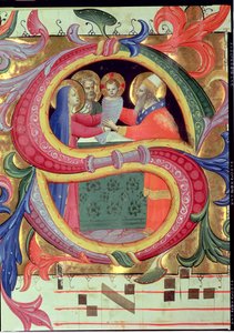 Ms 558 f.26v寺院でのプレゼンテーション。歴史的な初期のSで描写されており、ミッサールの詳細、1430年代初頭の78832のベラムの詳細 作： Fra Angelico