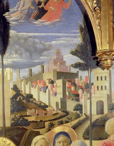 サンタトリニータの祭壇画、エルサレムの街とソロモン神殿の詳細、1434年頃のテンペラとパネル上の金 作： Fra Angelico