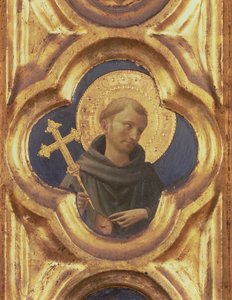 サンタトリニータの祭壇画、聖フランシスの頭の詳細、1434年頃のテンペラ、パネルに金 作： Fra Angelico