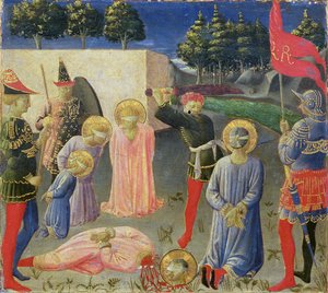 聖コスマスと聖ダミアンの斬首、アナレナ祭壇画のプレデラ、c.1434（パネル上のテンペラ）