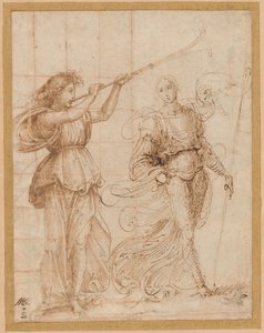 一人の天使がトランペットを吹き、もう一人が旗を持っている 作： Fra Bartolommeo