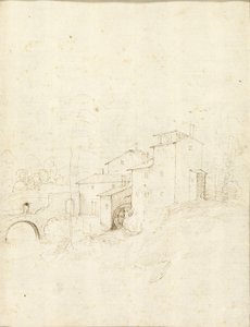 アーチ型の橋に人物が描かれた水車小屋 作： Fra Bartolommeo