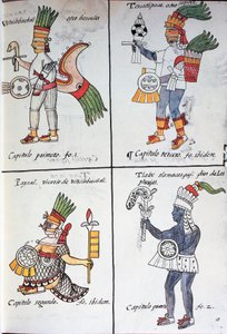 古代メキシコ人の神々、フイツィロポッチトリ、テスカトリポカ、トラロック、ペイナル、スペイン語のテキスト、ベルナルディーノ・デ・サハグンの「フロレンティン写本」として知られる写本「新スペインの物の一般的な歴史」の複製から。 作： Fra Bernadino da Sahagun