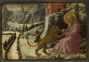 聖ジェロームとピストイアサンタトリニタ祭壇画のライオンプレデラパネル、1455-1460 作： Fra Filippo Lippi