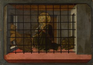 刑務所にいる聖ママは、ピストイアサンタトリニタ祭壇画のライオンズプレデラパネルに放り込まれました。