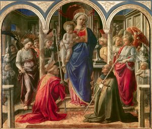 天使に囲まれた聖母子、聖フレディアーノ（Fridianus de Lucca or Frigidanus, Frigianu）と聖アウグスティヌス、パラ・バルバドリとして知られるフィリッポ・リッピ（1406-1469）による祭壇画（1437-1438）。バルバドーリ家がスポンサーとなって、バー 作： Fra Filippo Lippi