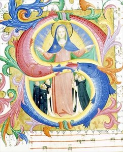 Missal 558 f.156v 聖母が祈りを捧げる人々を外套の下に匿っている様子を描いた、歴史的なイニシャル「S」（1429年から30年頃、ベラム製） 作： Fra and Strozzi Zanobi di Benedetto Angelico