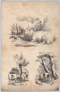 2 頭の羊のビネット、プールにいる 2 頭の牛のビネット、薪集めのビネット…、1847 年。