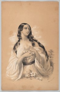 花を持つ女性、The New York Drawing Book、一連のオリジナル デザインを含む...、1847 年。 作： Frances Flora Bond Palmer