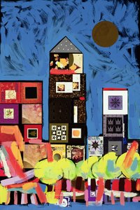 Nightime、カナリーワーフ（マウントボードの紙コラージュにアクリル） 作： Frances Treanor