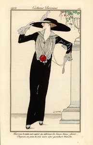 黒のサテンのシースドレスを着た女性、黒のシルクハット 作： Francesc Xavier Gosé