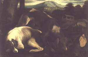 二匹の狩猟犬、1555年頃 作： Francesco Bassano