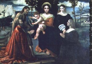 聖人や寄付者と一緒に鎮座する聖母子像 作： Francesco Torbido