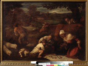 ""Le soir"" (夕方) 牧草地で昼食をとっている羊飼いの家族、女性、子供たち。 Jacopo Bassano (da Ponte) (1510-1592) の側近の絵画 16 世紀 Ivan Kramskoy (または Kramskoi) ロシアのヴォロネジ (ヴォロネジ) にある美術館。 作： Francesco (circle of) Bassano
