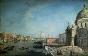 スカルツィ橋からの大運河の眺め。約1735-1740。右側はサンタマリアディナザレス教会（Scalzi） 作： Francesco Albotto