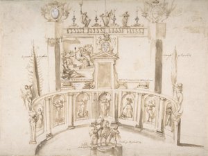 ニッチの半円形の壁と彫像を備えたガーデン フェットのデザイン。 1635-79。