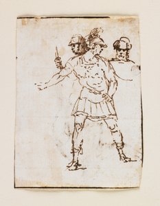 2人のローマの兵士とひげを生やした図（直腸）の研究。棒で歩くひげを生やした男の研究（verso）（ペンと茶色のインク） 作： Francesco Allegrini