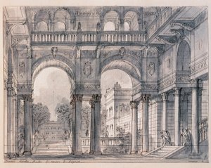 ヴォルファング・アマデウス・モーツァルト（1756-1791）作「フィガロの結婚」第2場の舞台背景を、舞台美術家フランチェスコ・バニャラ（1784-1866）が演出したもので、1820-1839年 ヴェネツィアのコレール美術館 作： Francesco Bagnara