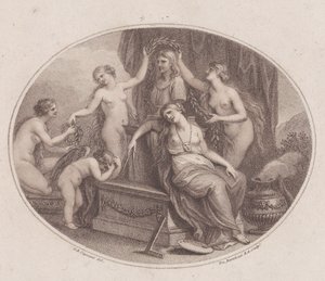 1788 年 7 月 28 日、ラファエロの胸像を戴冠する神々。 作： Francesco Bartolozzi
