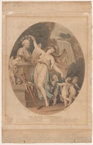 シェイクスピアの胸像に冠をかぶる恋人たちが付き添う不死のニンフ...、1784年9月。 作： Francesco Bartolozzi