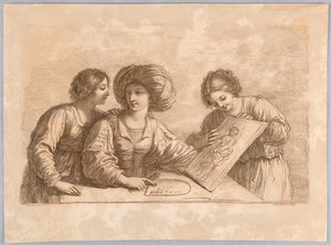 パレットとデザインの下絵を持つ 3 人の女性