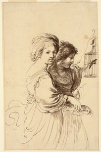 2 人の若い女の子、1 つはケージを保持 作： Francesco Bartolozzi