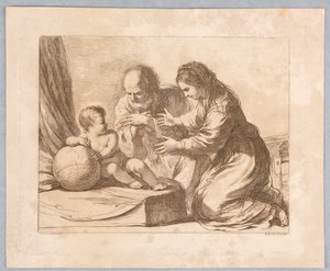 地球儀を持った聖母マリア、ヨセフ、子供 作： Francesco Bartolozzi