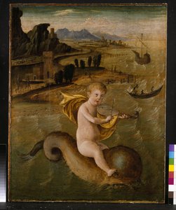 イルカに乗ったアリオン、1509-10年頃のテンペラとパネル上のオイル 作： Francesco Bianchi Ferrari