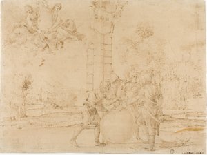 オクタウィアヌス、マーク アントニー、レピドゥスがローマ帝国を分割し、ボローニャを背景に 作： Francesco Brizio