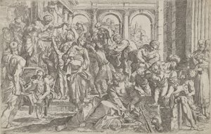 1590年から1600年以降、彼の周りに集まった人々のグループに施しを配っている左の聖ロック。 作： Francesco Brizio