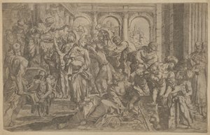 左の聖ロックは、彼の周りに集まった人々のグループに施しを配っています。 1607年。 作： Francesco Brizio