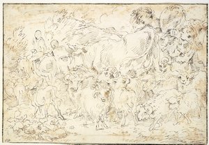 ヤギ、ヒツジ、ウシ、シェパードドッグを連れた羊飼い 作： Francesco Castiglione