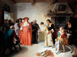 ボロメオ枢機卿が仕立て屋のルーシーを訪ねる場面、アレッサンドロ・マンゾーニ（1785-1873）作『婚約者』の一場面、フランチェスコ・コゲッティ（1804-1875）作、油彩・カンヴァス、35.3 x 47.4 cm