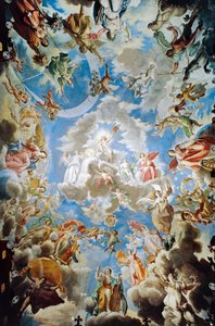 神聖化」パンフィリ家のフレスコ画、フランチェスコ・コッツァ（1605-1682）作、ドリア・パンフィリ宮、ローマ、イタリア