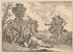 杖と他の 7 人の姿を持つサテュロス 作： Francesco Fontebasso