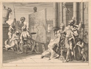 アペレスのアトリエのアレキサンダー大王とカンパスペ 作： Francesco Fontebasso