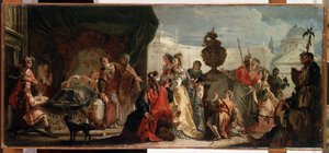 ""Antiochus and Stratonice"" (アンティオコスとストラトニケ)。 セレウコス王 (またはセレウコス) の息子であるアンティオコス (またはアンティオコス) 1 世ニケーターは、彼の父の妻であるストラトニケ (またはストラトニケ) への愛情のために、セオスの医師エラシストラトスによって病気の治療を受けています。 作： Francesco Fontebasso