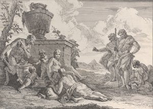 クラブと7人の人物を持つサテュロス、「バカナルと歴史」、1744年。 作： Francesco Fontebasso