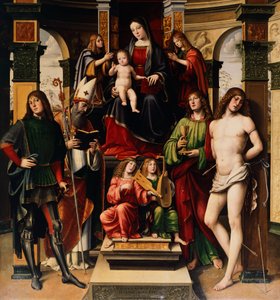 マドンナと子供、天使と聖人、フランチェスコ・フランシア作（1450-1517）、サン・ジャコモ・マッジョーレ教会、ボローニャ、イタリア