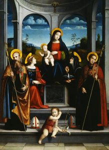 聖母子と聖母子、ベネディクト、ジャスティナ、プラシダス、スコラスティカ、1515年