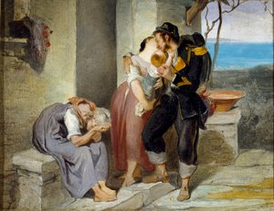 兵士の出発家族から、兵士は戦争に行くために妻と子供を涙で残します。 Francesco Gandolfi (1824-1873) による絵画。 27x38 cm Genes Nervi、Civica Galleria d