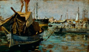 Francesco Gioli (1846-1922) によるリヴォルノ (レグホーン) の港での作業、パネルに油彩、22x38 cm 作： Francesco Gioli
