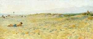 Francesco Gioli (1846-1922) による Cinquale のビーチ、パネルに油彩