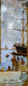Francesco Gioli (1846-1922) によるリヴォルノ港の眺め、厚紙に転写されたキャンバスに油彩、38x12 cm 作： Francesco Gioli