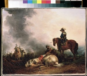 ""After the battle"" (戦いの後) 戦争の比喩、戦士が殺す。 Francesco Giuseppe Casanova (1727-1802) の絵画 Mikhail Kroshitsky Art Museum、Sevastopol (Sevastopol) ウクライナ 作： Francesco Giuseppe Casanova